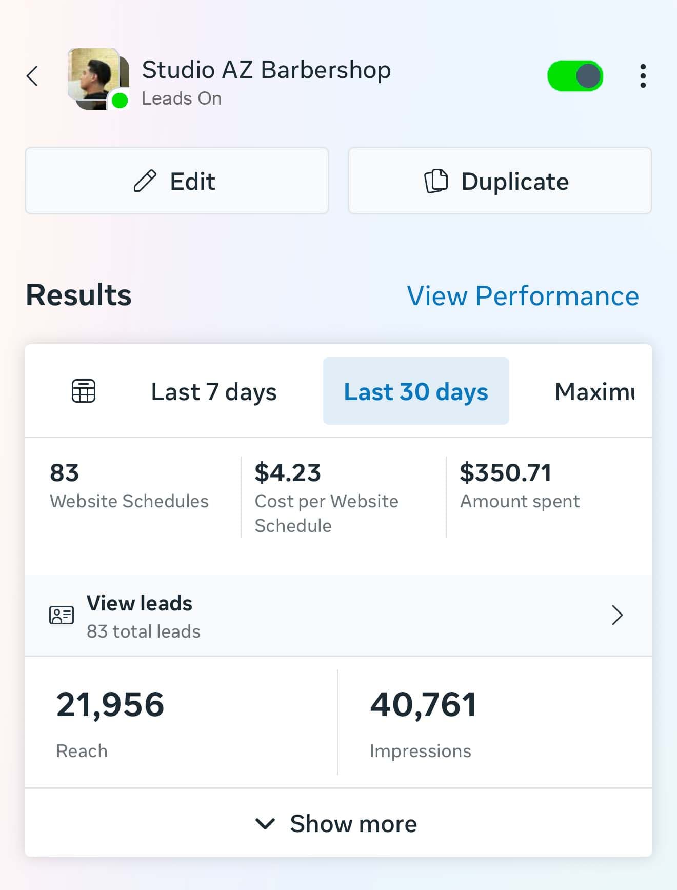 Meta ads dashboard for the Studio AZ Barbershop campaign: 83 website appointments booked at $4.23 per booking on $350.71 spend, 21,956 reach